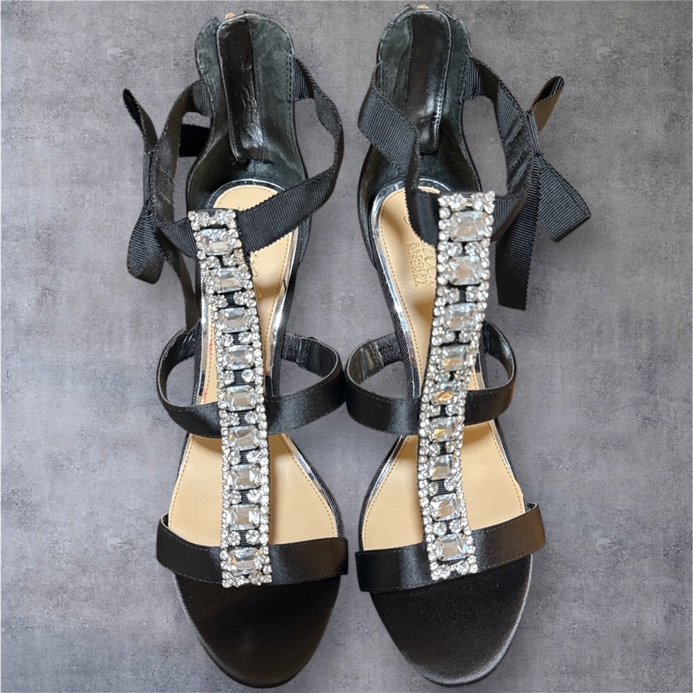 Jewel By Badgley Mischka Black Stiletto Heels with Bow and Rhinestone Detailing